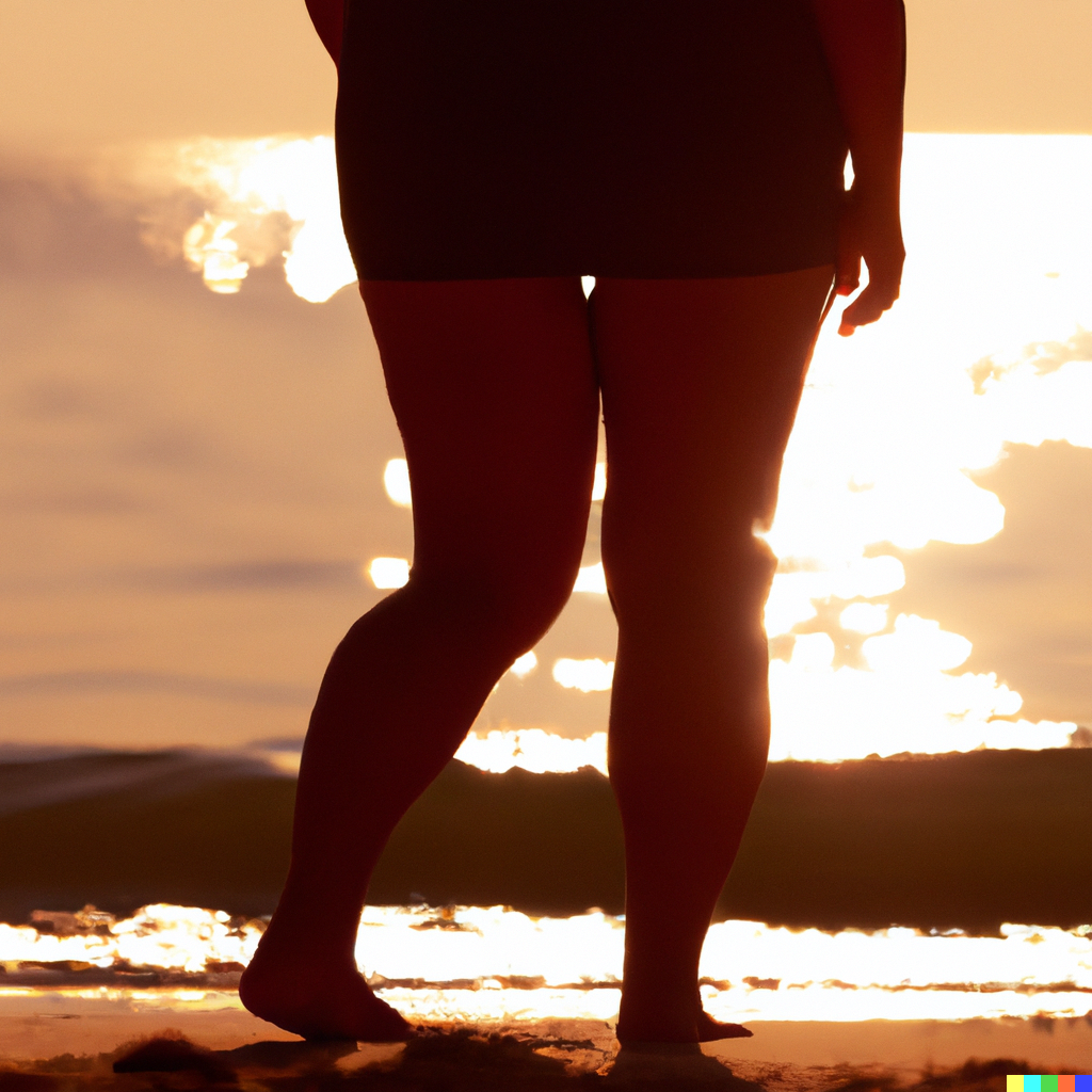 silhouette of woman with lipedema , fat thighs, slim belly, walking on the beach in sunset